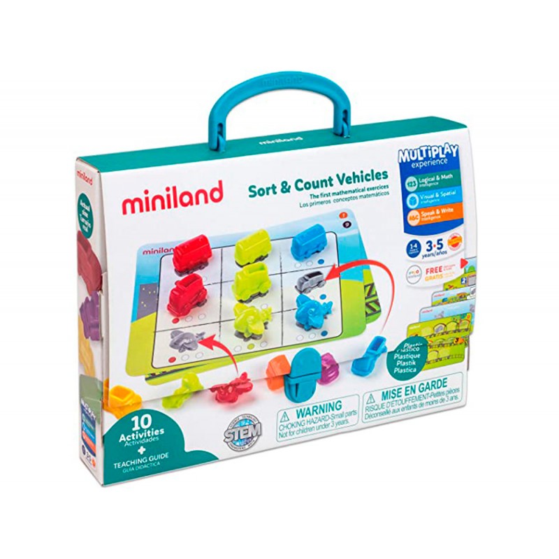 Juego miniland 36 vehiculos y 5 fichas de actividad a doble cara para logica matematica 310x70x531 mm