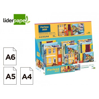 Agenda espiral liderpapel perissa 2021 portada polipropileno expositor de 15 unidades tamano a4 a5 a6