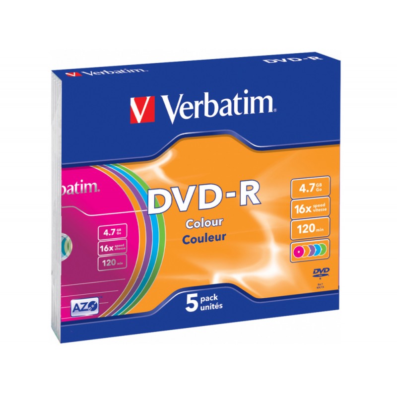 Dvd r verbatim azo capacidad 47gb velocidad 16x 120 min pack de 5 unidades colores surtidos caja slim