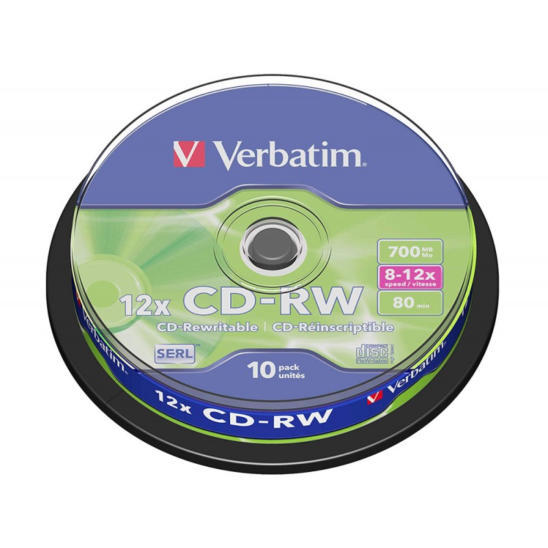 Cd rw verbatim serl capacidad 700mb velocidad 12x 80 min tarrina de 10 unidades