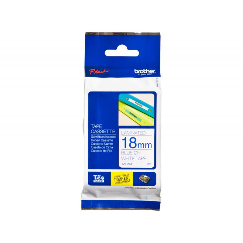 Cinta brother tze 243 laminada azul blanco 18 mm 8mts