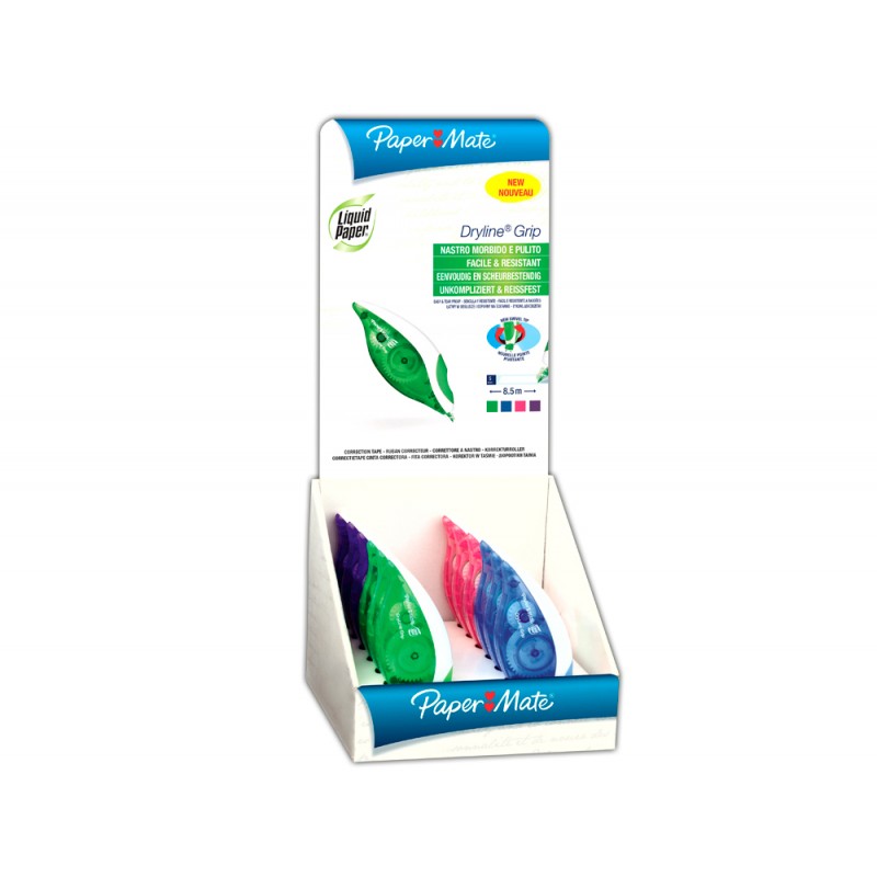 Corrector liquid paper cinta dryline 5 mm x 85 mt expositor de 24 unidades colores surtidos