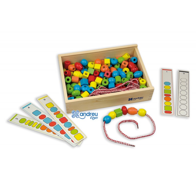 Juego andreutoys formas para ensartar 10 cordones 10 plantillas caja de 150 unidades surtidas