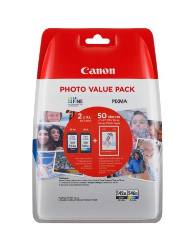 Canon PG545XL Negro + CL546XL Color Pack de 2 Cartuchos de Tinta Originales - 50 Hojas de Papel Fotografico - 8286B006