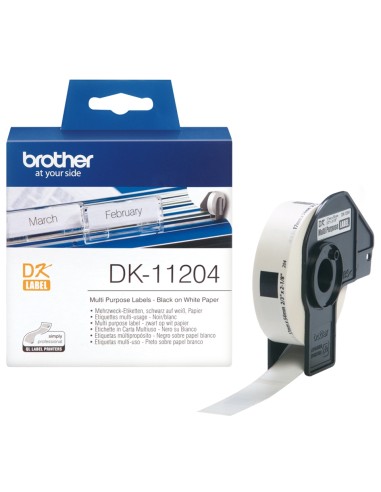 Brother DK11204 - Etiquetas Originales Precortadas Multiproposito - 17x54 mm - 400 Unidades - Texto negro sobre fondo blanco