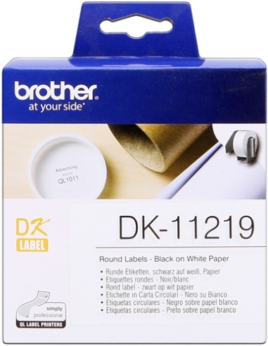 Brother DK11219 - Etiquetas Originales Precortadas Circulares - 12 mm de Diametro - 1200 Unidades - Texto negro sobre fondo bla