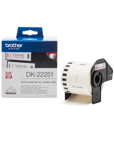 Brother DK22251 - Etiquetas Originales de TamaÃ±o personalizado - Ancho 62mm x 15,24 metros - Texto rojo y negro sobre fondo bl