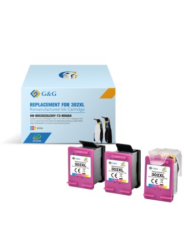 G&G HP 302XL Color Pack de 3 Cartuchos de Tinta Remanufacturados - Eco Saver - Muestra Nivel de Tinta - Reemplaza F6U67AE/F6U65