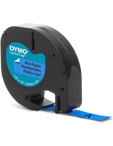 Dymo LetraTag S0721650 Cinta de Etiquetas Original para Rotuladora - Texto negro sobre fondo azul - Ancho 12mm x 4 metros (9120
