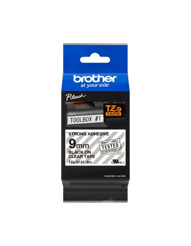 Brother TZeS121 Cinta Laminada Super Adhesiva Original de Etiquetas - Texto negro sobre fondo transparente - Ancho 9mm x 8 metr