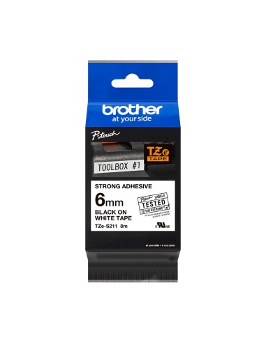 Brother TZeS211 Cinta Laminada Super Adhesiva Original de Etiquetas - Texto negro sobre fondo blanco - Ancho 6mm x 8 metros