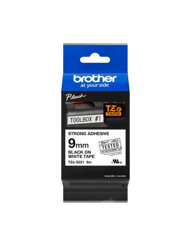 Brother TZeS221 Cinta Laminada Super Adhesiva Original de Etiquetas - Texto negro sobre fondo blanco - Ancho 9mm x 8 metros