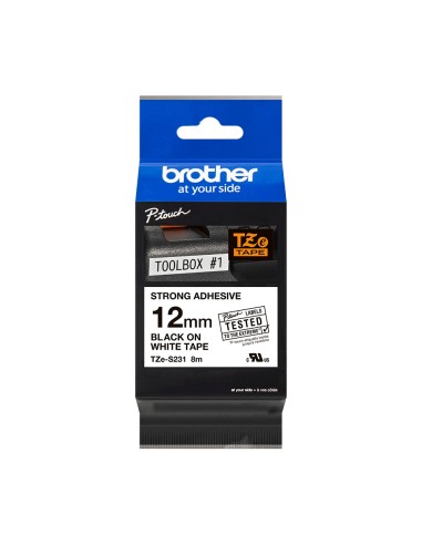 Brother TZeS231 Cinta Laminada Super Adhesiva Original de Etiquetas - Texto negro sobre fondo blanco - Ancho 12mm x 8 metros