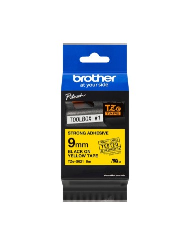 Brother TZeS621 Cinta Laminada Super Adhesiva Original de Etiquetas - Texto negro sobre fondo amarillo - Ancho 9mm x 8 metros