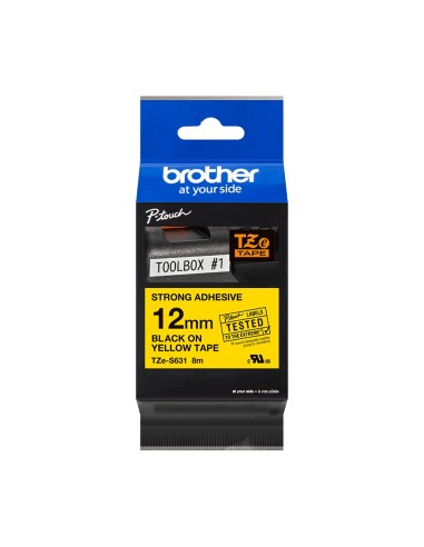 Brother TZeS631 Cinta Laminada Super Adhesiva Original de Etiquetas - Texto negro sobre fondo amarillo - Ancho 12mm x 8 metros