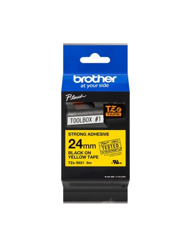 Brother TZeS651 Cinta Laminada Super Adhesiva Original de Etiquetas - Texto negro sobre fondo amarillo - Ancho 24mm x 8 metros