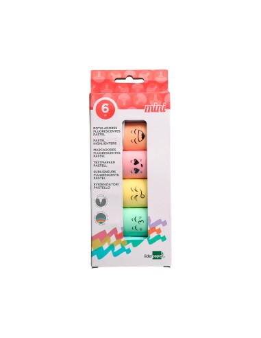 Rotulador liderpapel mini fluorescente pastel punta biselada estuche de 6 unidades colores surtidos