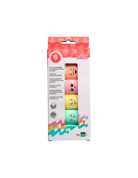 Rotulador liderpapel mini fluorescente pastel punta biselada estuche de 6 unidades colores surtidos