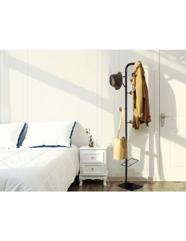 Perchero metalico q connect negro con detalles de madera 6 colgadores y paraguero 174x285 cm