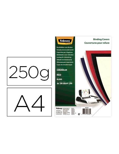 Tapa de encuadernacion fellowes din a4 carton brillo rojo chromolux 250 gr pack de 100 unidades