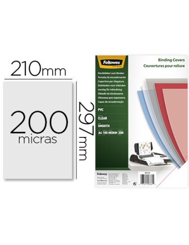 Tapa de encuadernacion fellowes din a4 pvc transparente cristal 200 micras pack de 100 unidades