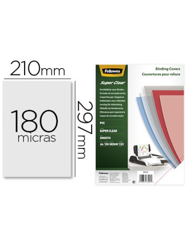 Tapa de encuadernacion fellowes din a4 pvc transparente cristal 180 micras pack de 100 unidades