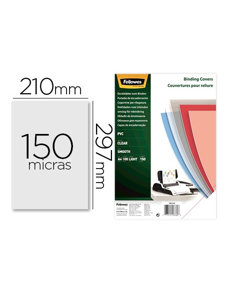 Tapa de encuadernacion fellowes din a4 pvc 150 micras transparente pack de 100 unidades