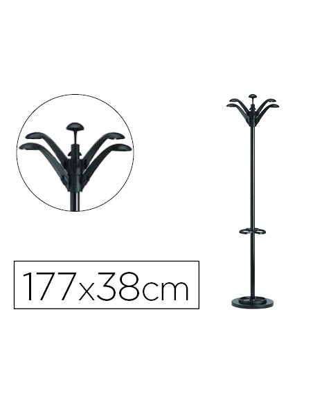 Perchero metalico unilux flora pie 6 colgadores con paraguero y bandeja goteo negro 177 x 38 cm