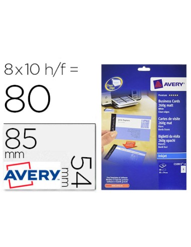 Tarjeta de visita avery blanca mate 85x54 mm imprimible doble cara para ink jet 260 gr pack de 80