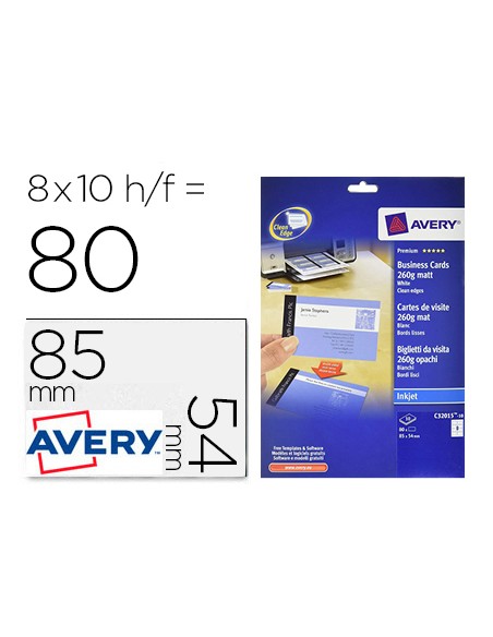 Tarjeta de visita avery blanca mate 85x54 mm imprimible doble cara para ink jet 260 gr pack de 80