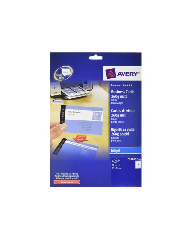 Tarjeta de visita avery blanca mate 85x54 mm imprimible doble cara para ink jet 260 gr pack de 80