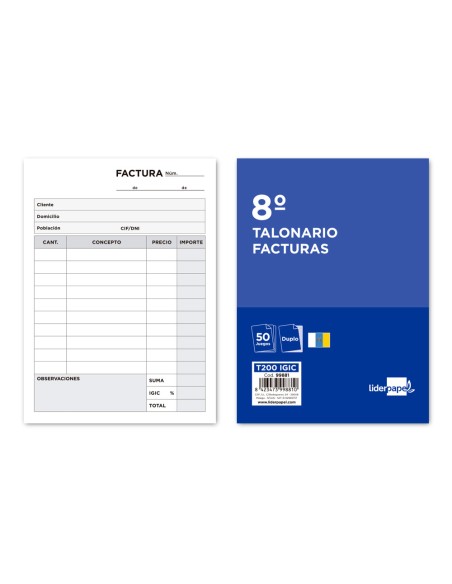 Talonario liderpapel facturas 8º original y copia t200 con igic