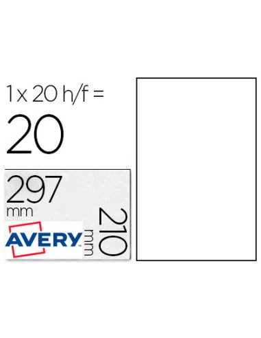 Etiqueta adhesiva avery poliester blanca 210x297 mm laser pack de 20 unidades