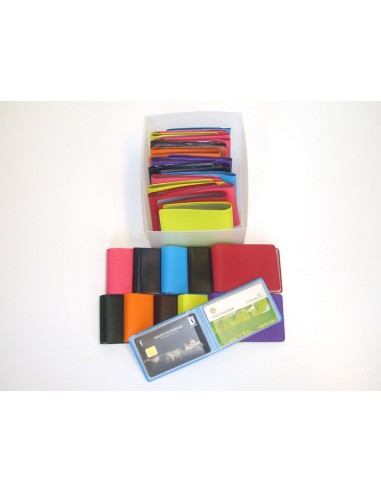Portatarjetas de credito fabricadas en pvc base opaca capacidad 10 tarjetas colores surtidos expositor de 30 uds