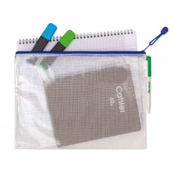 Bolsa multiusos tarifold pvc din a5 apertura superior con cremallera portaboligrafo y correa azul