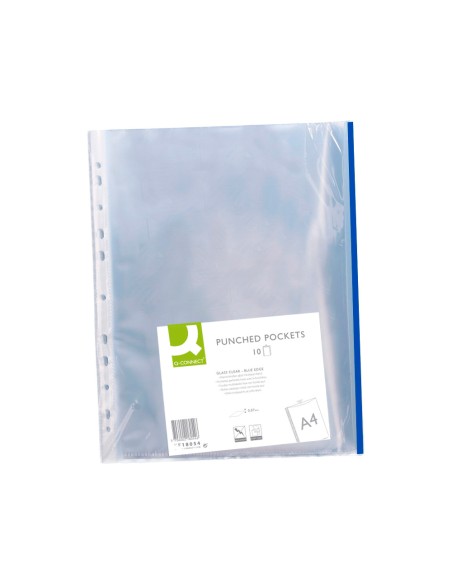 Funda multitaladro q connect din a4 70 mc pp cristal con borde azul bolsa de 10 uds