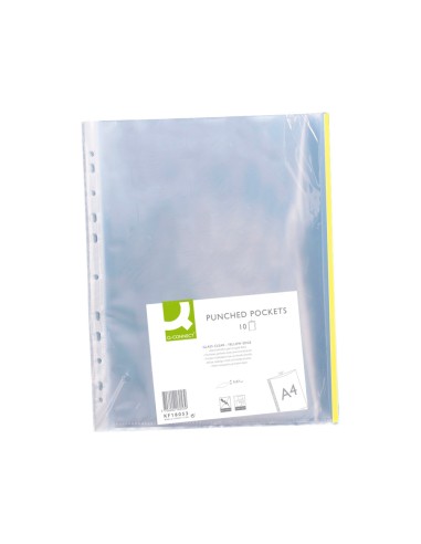 Funda multitaladro q connect din a4 70 mc pp cristal con borde amarillo bolsa de 10 uds