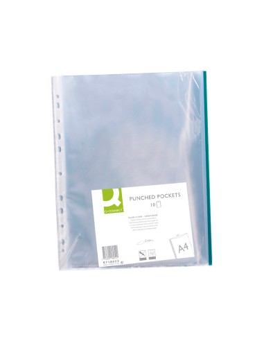 Funda multitaladro q connect din a4 70 mc pp cristal con borde verde bolsa de 10 uds