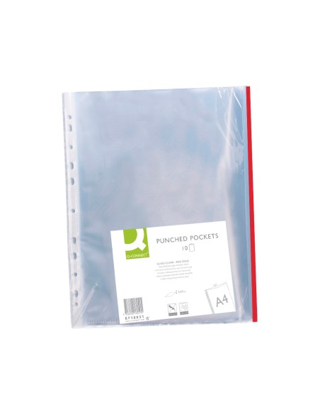 Funda multitaladro q connect din a4 70 micras pp cristal con borde rojo bolsa de 10 uds