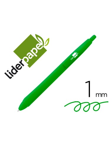 Boligrafo liderpapel gummy touch retractil 10 mm tinta verde