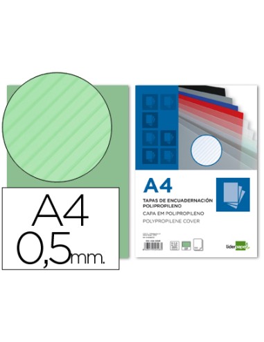 Tapa encuadernacion liderpapel polipropileno rayado a4 05mm verde paquete de 100 unidades