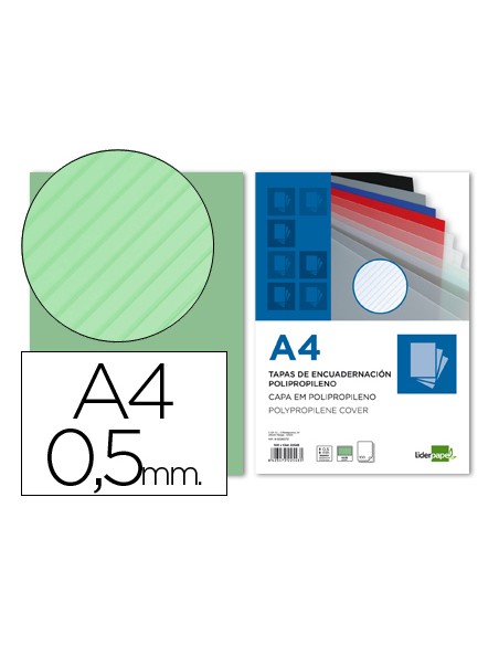 Tapa encuadernacion liderpapel polipropileno rayado a4 05mm verde paquete de 100 unidades