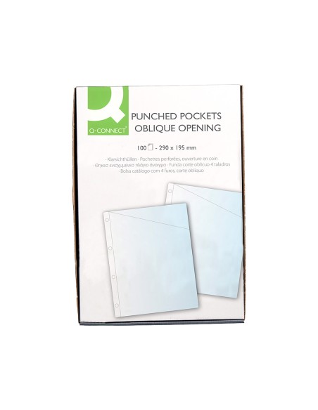 Funda q connect corte oblicuo 290x195 mm cristal 4 taladros pvc 90 mc caja de 100 unidades