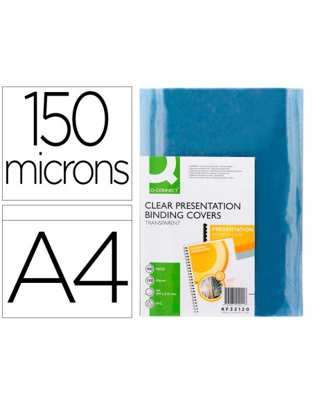 Tapa de encuadernacion q connect pvc din a4 incolora 150 mc caja de 100 unidades