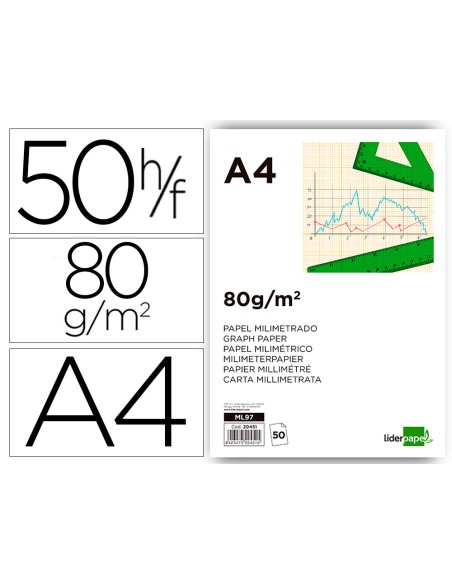 Bloc papel milimetrado liderpapel encolado 210x297mm 50 hojas 80g m2