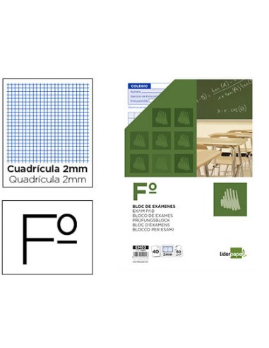 Bloc examenes liderpapel cuadro 2mm folio 40 hojas 60g m2