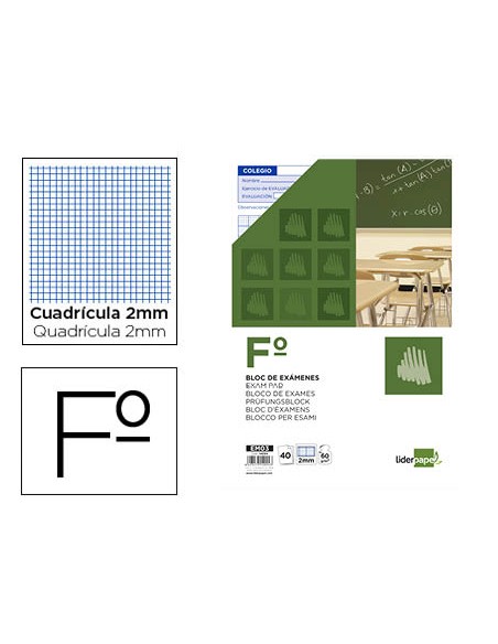 Bloc examenes liderpapel cuadro 2mm folio 40 hojas 60g m2