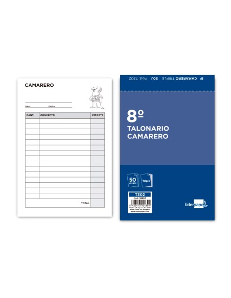 Talonario liderpapel camarero 8º original y 2 copias t302