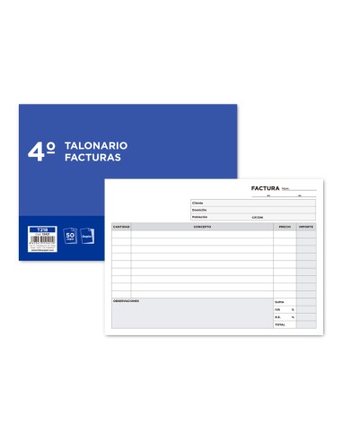 Talonario liderpapel facturas cuarto original y copia t218 apaisado con iva