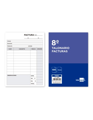 Talonario liderpapel facturas 8º original t100 con iva